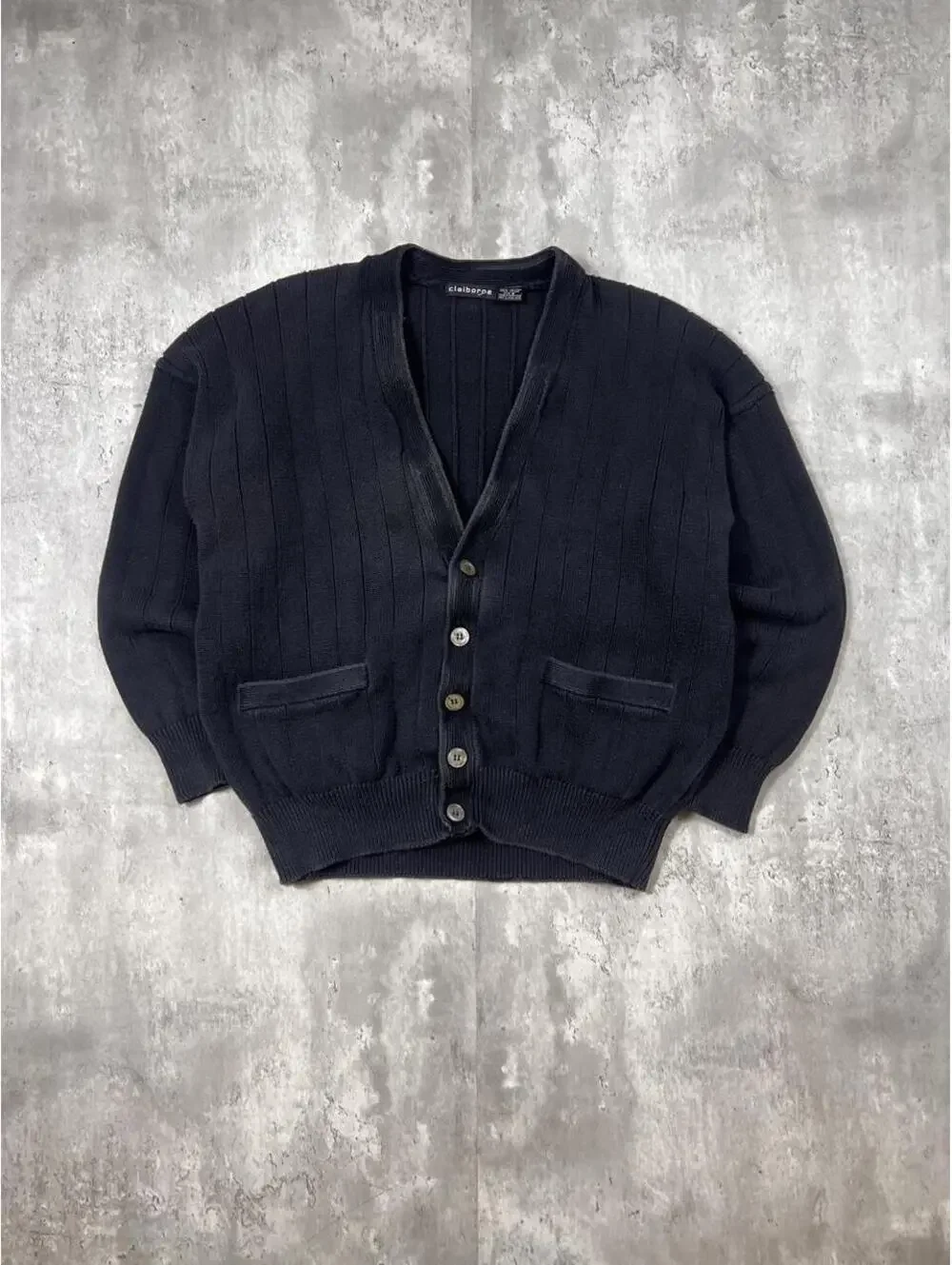 Vintage Claiborne Ribbed Cardigan Sweater Black Cotton Grandpa Knit